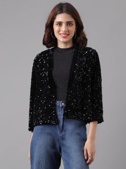 Latin Quarters - Black Three Fourth Sleeves Open Front Regular Shrug