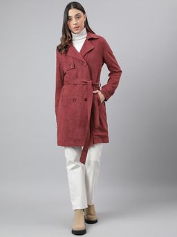 Latin Quarters - Red Full Sleeves Collar Neck Longline Overcoat