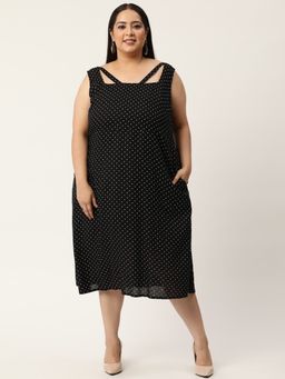 theRebelinme - Plus Size Women Black & White Polka Dot Printed A-Line Midi Dress
