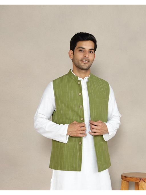 Fabindia Green Cotton Woven Comfort Fit Nehru Jacket