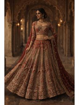 ORGANZZA - Red Ruby Palatial Heritage Lehenga with Blouse and Dupatta