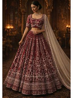ORGANZZA - Maroon Ruby Nocturne Heritage Lehenga with Blouse and Dupatta