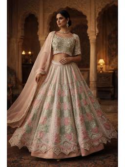 ORGANZZA - Multi-Color Blush Sage Heritage Lehenga with Blouse and Dupatta
