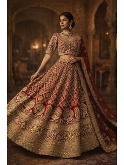 ORGANZZA - Red Ruby Imperial Peacock Heritage Lehenga with Blouse and Dupatta