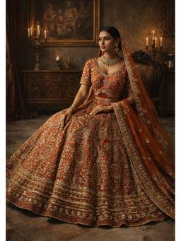 ORGANZZA - Orange Saffron Sultanate Heritage Lehenga with Blouse and Dupatta