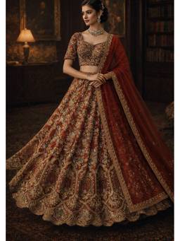 ORGANZZA - Red Ruby Rust Sultanate Lehenga with Blouse and Dupatta