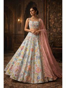 ORGANZZA - Blue Azure Butterfly Heritage Lehenga with Blouse and Dupatta