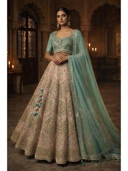 ORGANZZA - Teal Rosewood Mirror Heritage Lehenga with Blouse and Dupatta