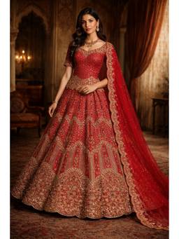 ORGANZZA - Red Ruby Linear Sultanate Lehenga with Blouse and Dupatta