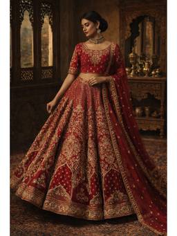 ORGANZZA - Red Ruby Sovereign Heritage Lehenga with Blouse and Dupatta