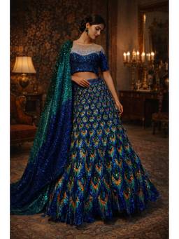 ORGANZZA - Blue Cobalt Plumage Lehenga with Blouse and Dupatta