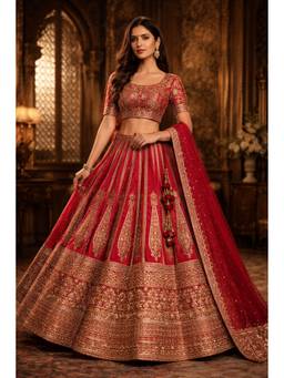 ORGANZZA - Red Ruby Linear Heritage Lehenga with Blouse and Dupatta