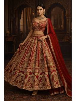 ORGANZZA - Red Ruby Imperial Avian Lehenga with Blouse and Dupatta