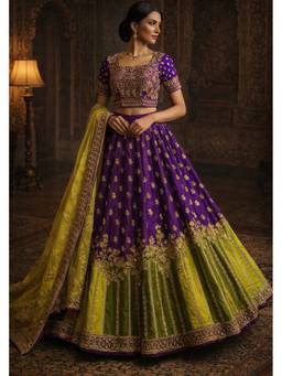 ORGANZZA - Purple Lime Heritage Lehenga with Blouse and Dupatta