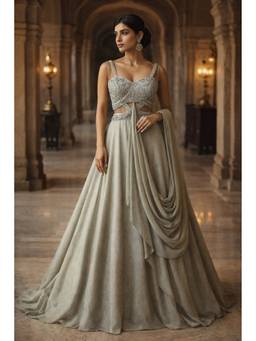 ORGANZZA - Silver Sage Drape Royale Lehenga with Blouse and Dupatta
