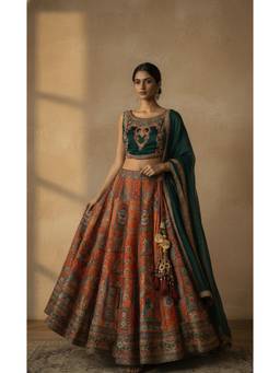 ORGANZZA - Orange Rust Brocade Bridal Lehenga with Blouse and Dupatta