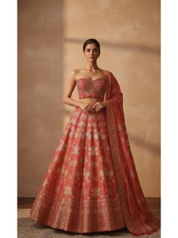 ORGANZZA - Coral Pink Zari Brocade Bridal Lehenga with Blouse and Dupatta
