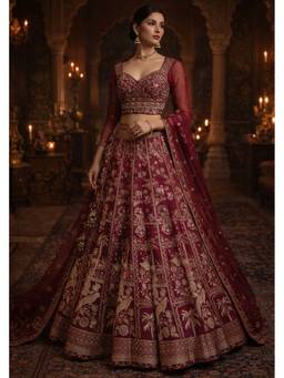 ORGANZZA - Maroon Zari Brocade Bridal Lehenga with Blouse and Dupatta