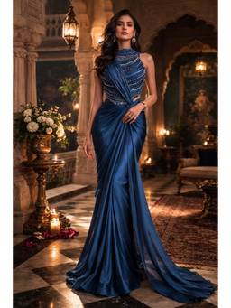 ORGANZZA - Navy Blue Midnight Neel Drape Couture Skirt with Blouse