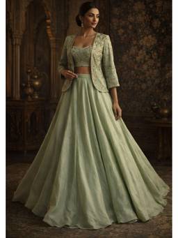 ORGANZZA - Green Pista Noor Elan Blouse with Jacket and Lehenga