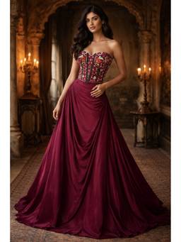 ORGANZZA - Burgundy Bloom Corsetry Blouse with Lehenga
