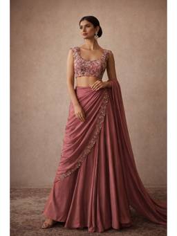 ORGANZZA - Pink Rosewood Elan Drape Lehenga with Blouse and Dupatta