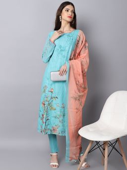 Stylee LIFESTYLE - Aqua Blue Cotton Digital Printed Dress Material (Set of 3)