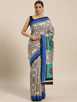 Akhilam - Off White Festive Art Silk Printed Saree With Unstitched Blouse