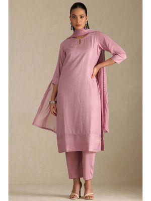 Pink Vatican Kurta Set with Embroidered Neckline and Organza Dupatta