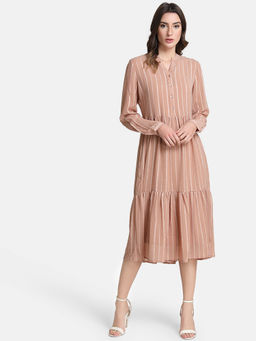 Kazo - Beige Layered Striped Midi Dress
