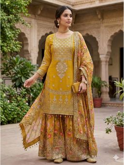 SERONA FABRICS - Mustard Georgette Embroidered Kurta with Sharara and Dupatta