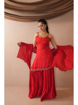 ORIBHA - Red Chinon Embroidered Kurti with Sharara and Dupatta