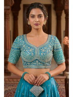 Sangam Prints - Sky Blue Satan Silk Traditional Embroidery Work Stitched Blouse