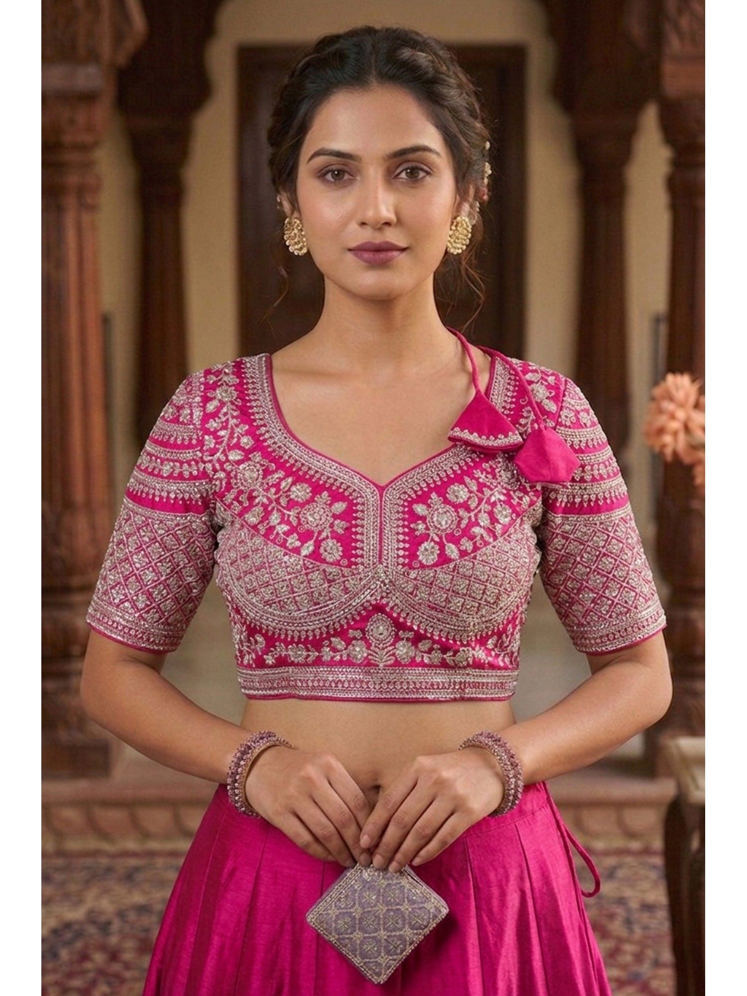 sangam prints Pink Satan Silk Traditional Embroidery Work Stitched Blouse-picture-26