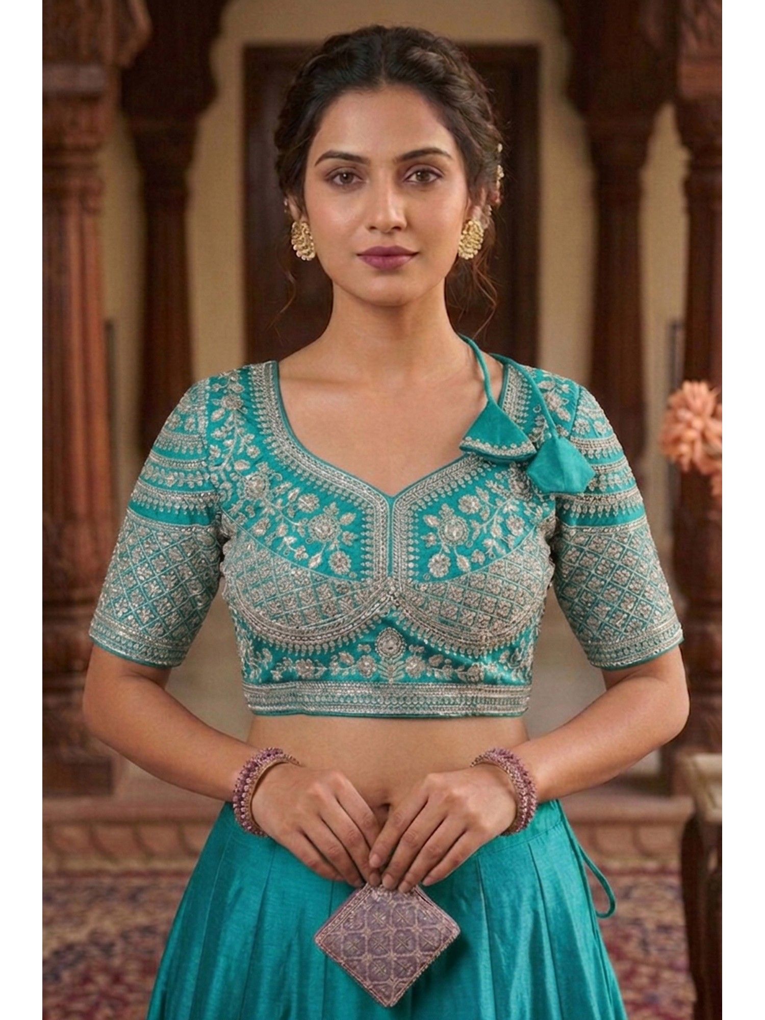 Turquoise Green Satan Silk Traditional Embroidery Work Stitched Blouse-image-46
