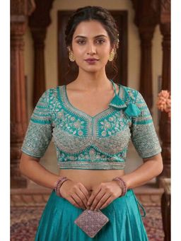Sangam Prints - Turquoise Green Satan Silk Traditional Embroidery Work Stitched Blouse