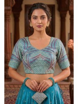 Sangam Prints - Teal Blue Satan Silk Traditional Embroidery Work Stitched Blouse
