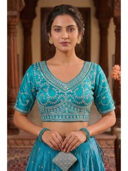 Sangam Prints - Emerald Teal Satan Silk Traditional Embroidery Work Stitched Blouse
