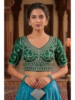 Sangam Prints - Green Satan Silk Traditional Embroidery Work Stitched Blouse