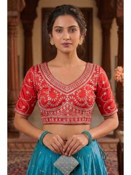 Sangam Prints - Red Satan Silk Traditional Embroidery Work Stitched Blouse