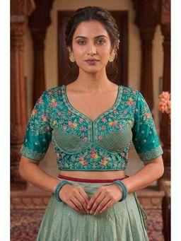 Sangam Prints - Ocean Green Satan Silk Traditional Embroidery Work Stitched Blouse