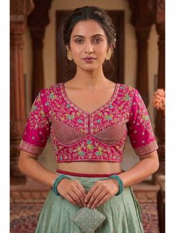 Sangam Prints - Pink Satan Silk Traditional Embroidery Work Stitched Blouse