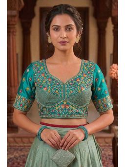 Sangam Prints - Peacock Teal Satan Silk Traditional Embroidery Work Stitched Blouse