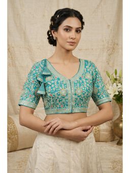 Sangam Prints - Aqua Sea Green Satan Silk Traditional Embroidery Work Stitched Blouse