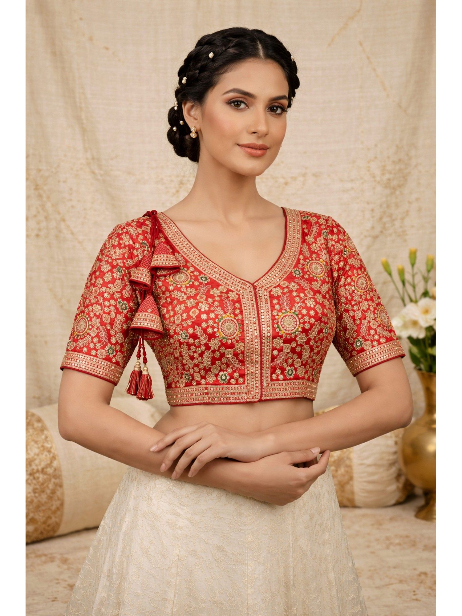 sangam prints Red Satan Silk Traditional Embroidery Work Stitched Blouse-picture-33