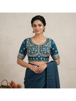 Sangam Prints - Teal Blue Satan Silk Traditional Embroidery Work Stitched Blouse