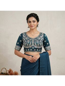 Sangam Prints - Dark Teal Satan Silk Traditional Embroidery Work Stitched Blouse