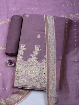 MEENA BAZAAR - Lavender Embroidered Linen Unstitched Kurta with Pant and Dupatta