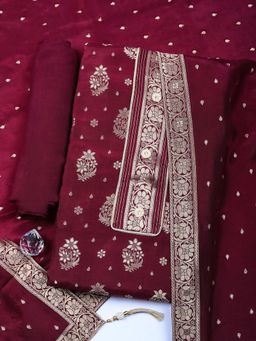 MEENA BAZAAR - Wine Floral Chanderi Unstitched Kurta with Pant and Dupatta