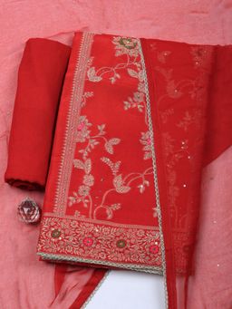 MEENA BAZAAR - Red Woven Chanderi Unstitched Kurta with Pant and Dupatta